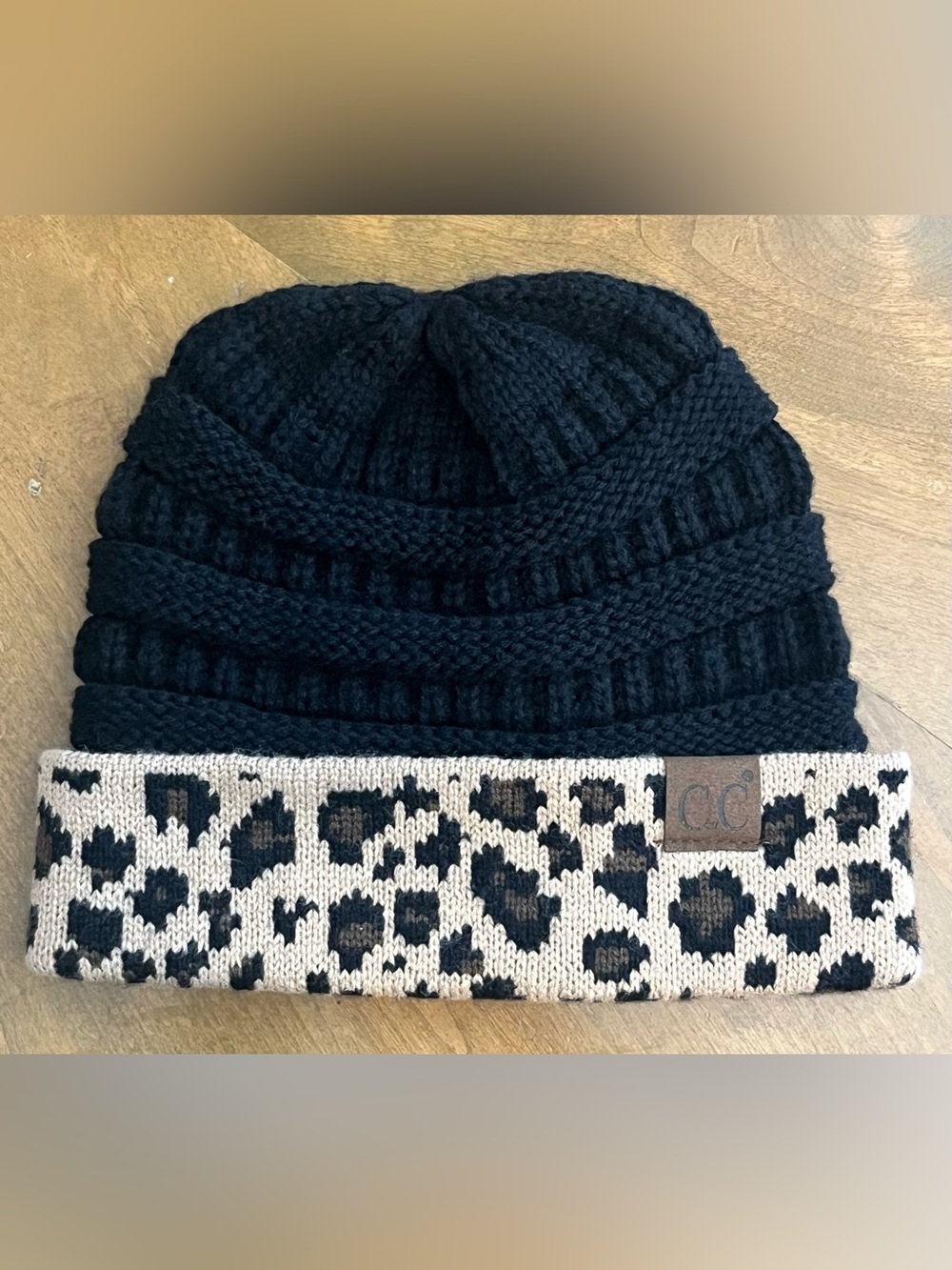 CC Exclusives Black Knit Beanie with Leopard Print Cuff